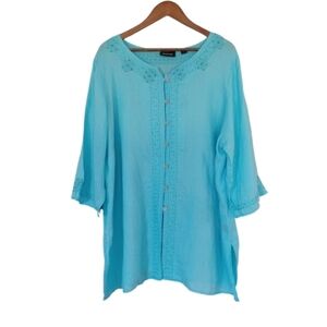 Avenue Plus Size 22/24 Light Blue Embroidered Linen Blend Button-Up Tunic Top